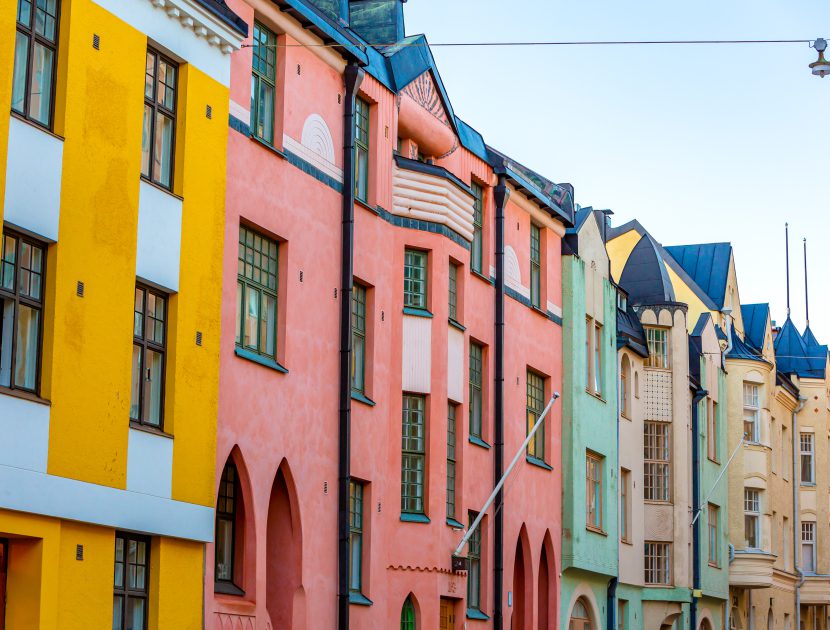 This pic shows colorful facades of buildings in Helsinki with the traditional Scandinavian architecture. The image is taken in helsinki finland.